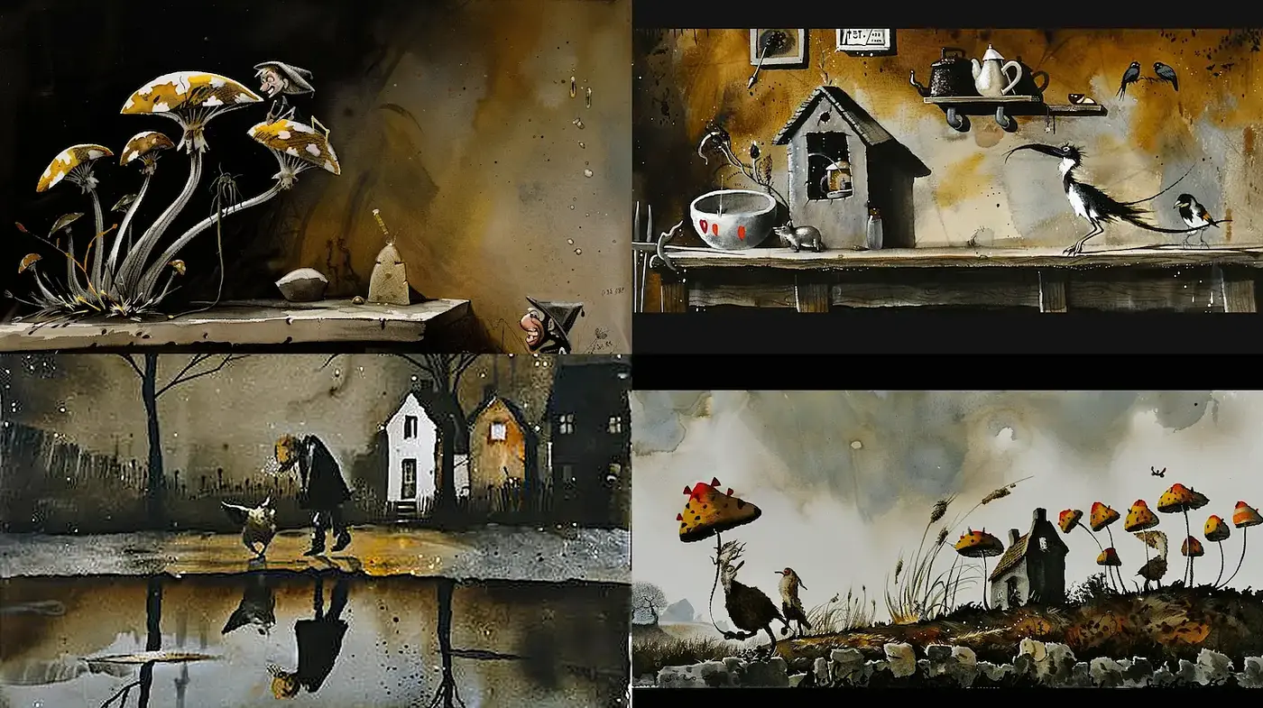 Whimsical yet haunting illustration with a blend of nature and surreal elements - Midjourney sref style