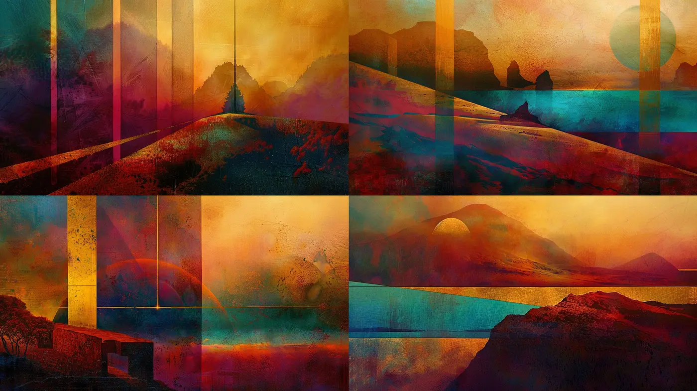 Chromatic Fusion of Dreamlike Landscapes: A Synthesis of Vibrant Hues and Textured Horizons - Midjourney sref style
