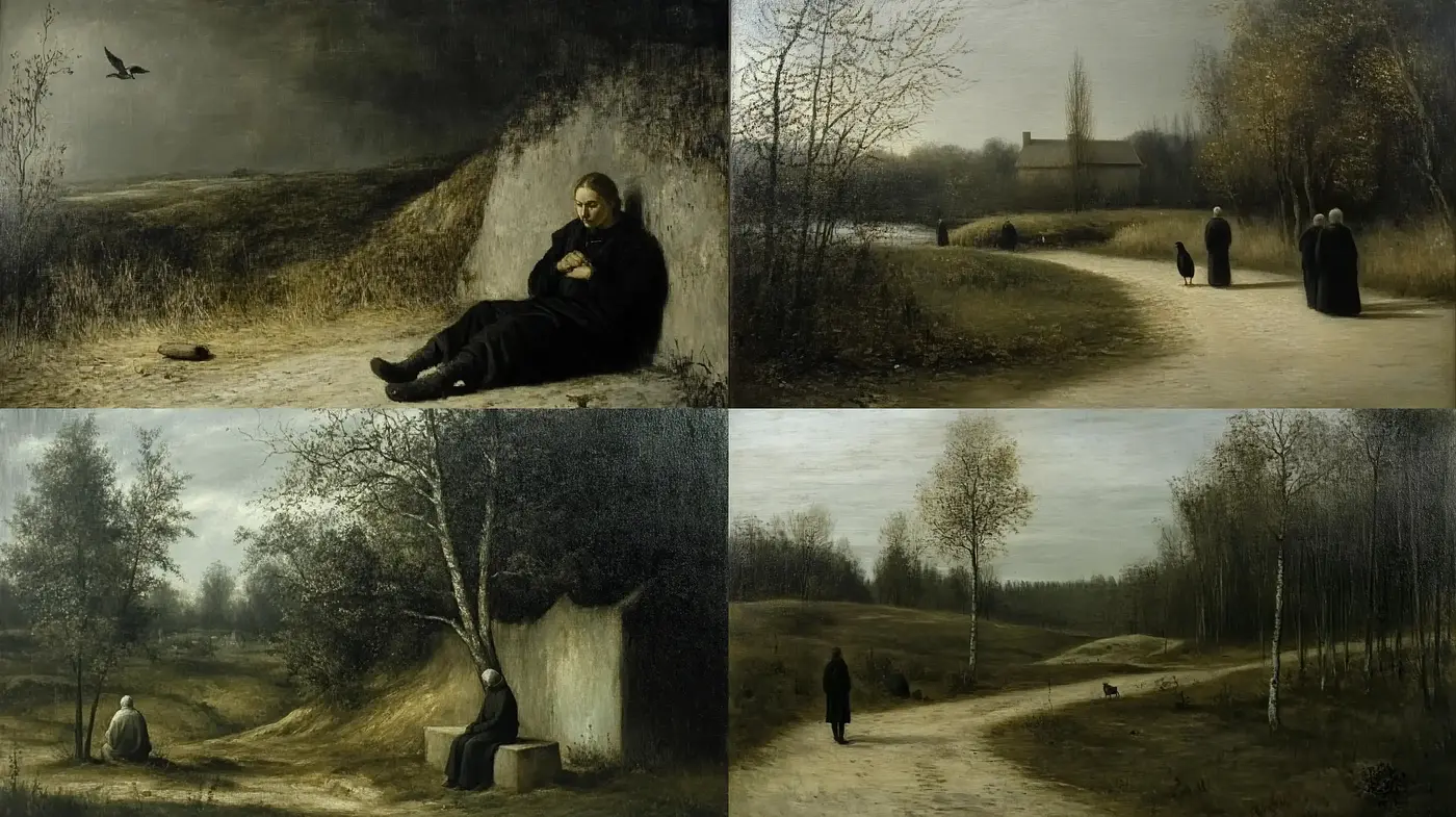 Melancholic Reverie in Sepia: A Consistent Somber Landscape Across Four Seasons - Midjourney sref style