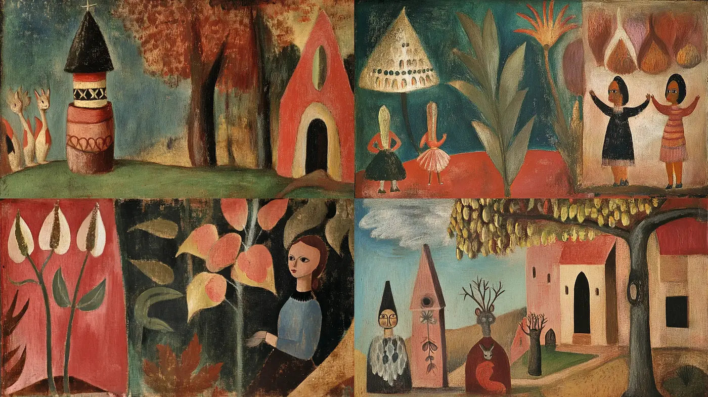 Whimsical Folklore in Paint: A Study of Naive Artistry and Pastoral Charm - Midjourney sref style