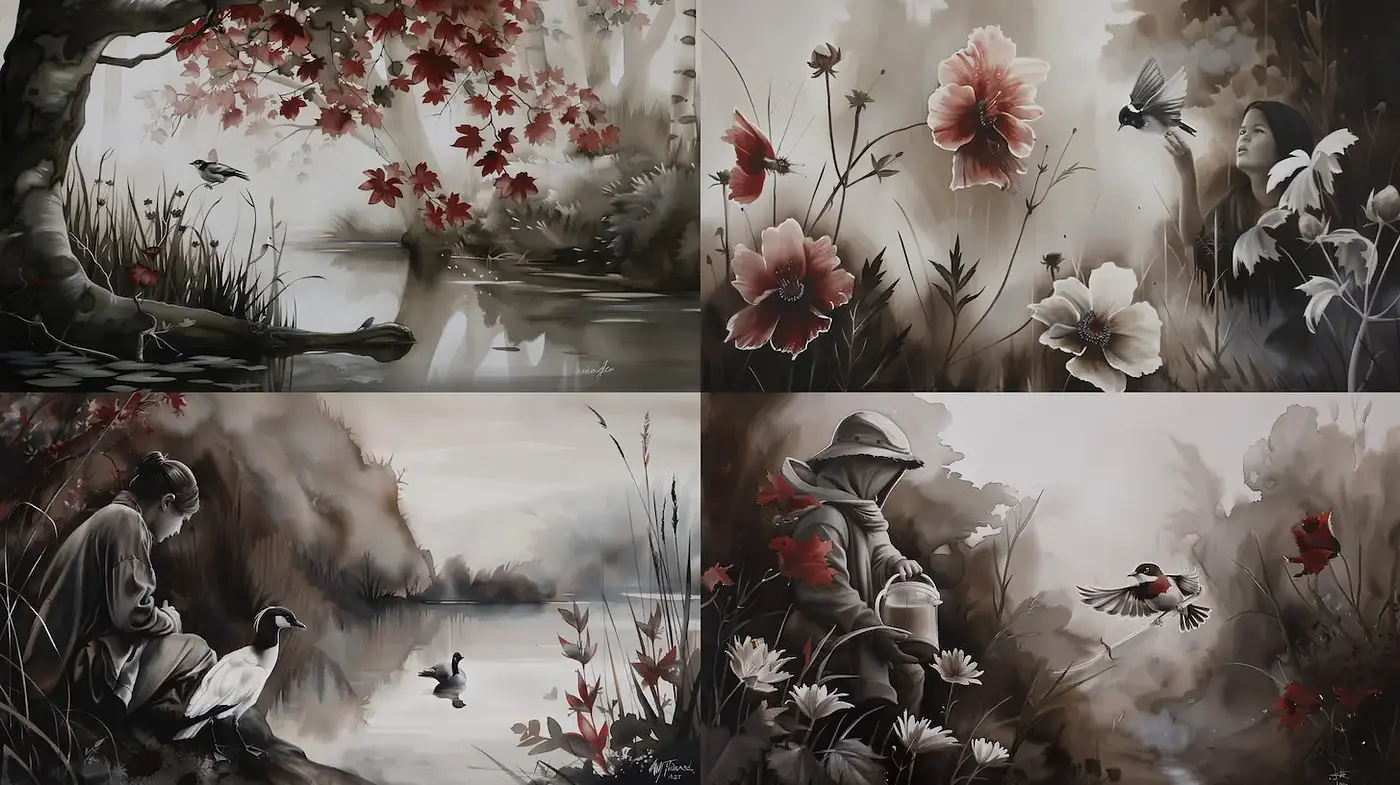 Elegant and Serene Nature Illustrations with a Monochromatic Palette - Midjourney sref style
