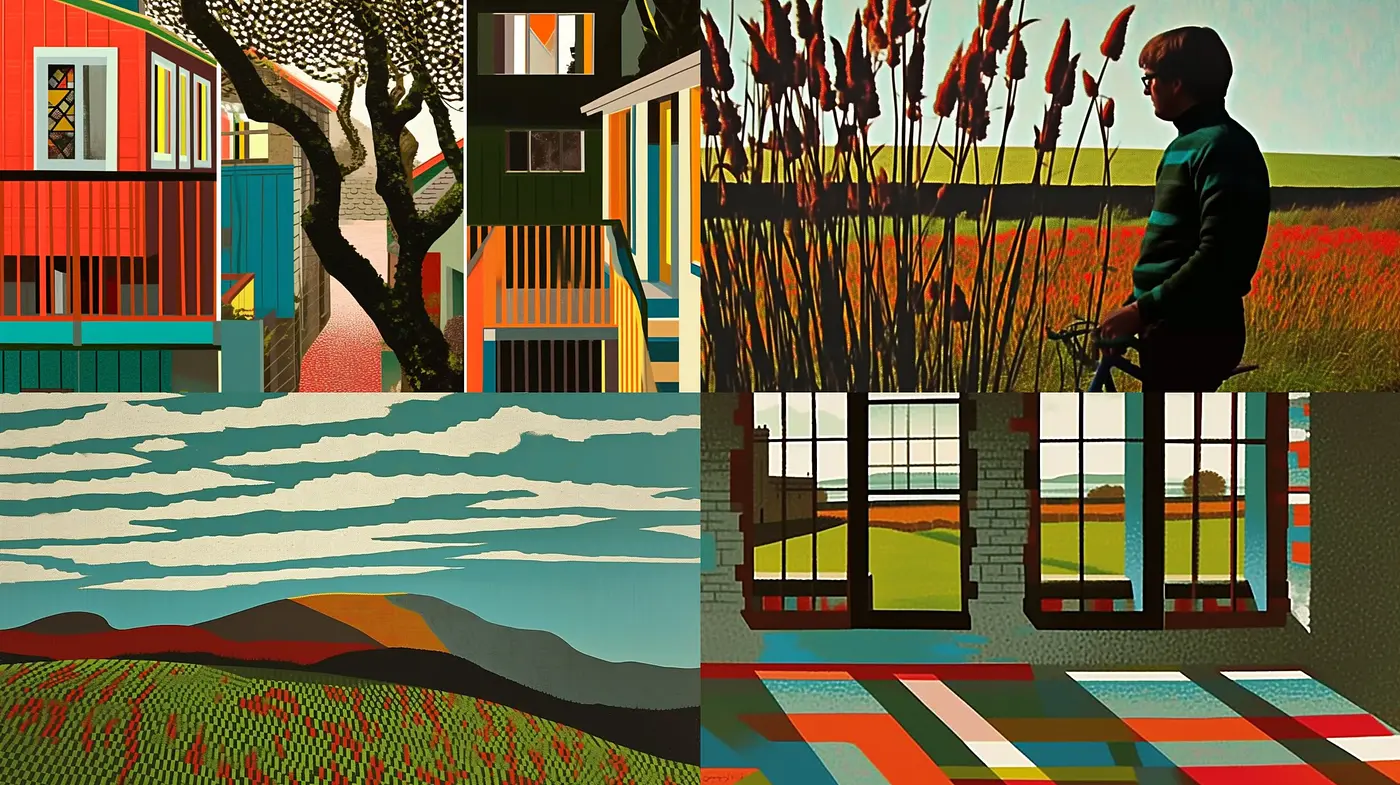 Stylized Geometric Harmony: A Fusion of Vivid Tones and Retro Textures - Midjourney sref style