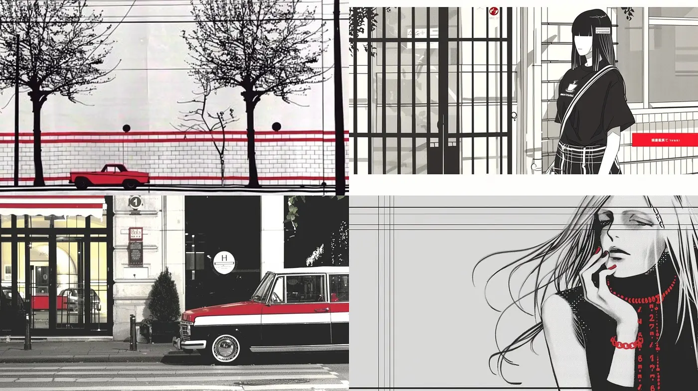 Monochromatic Elegance with a Pop of Red: A Homage to Minimalism and Contrast - Midjourney sref style