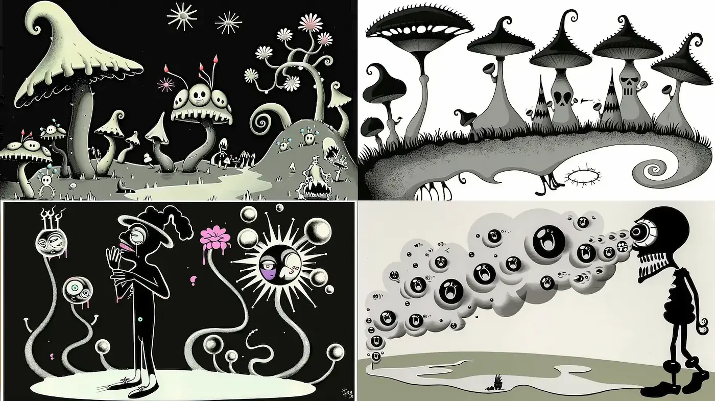 Quirky and Surreal Black and White Illustrations with a Retro Feel - Midjourney sref style