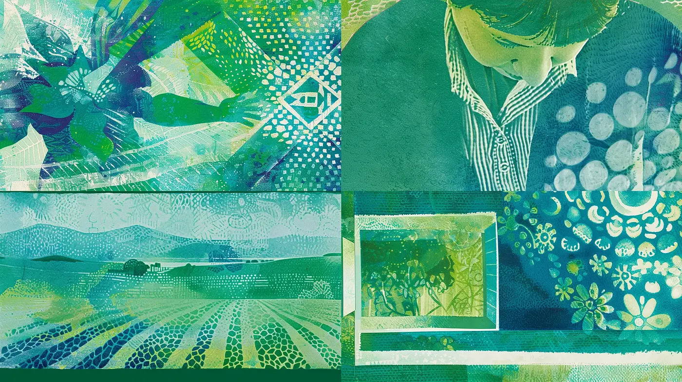 Emerald Hues and Textured Patterns Fusion - Midjourney sref style