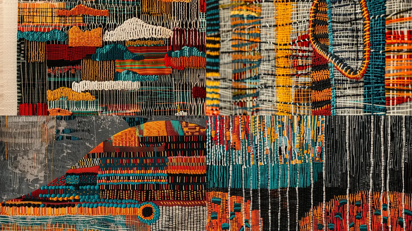Abstract Threadwork Tapestry Art Style with Warm Tonalities - Midjourney sref style