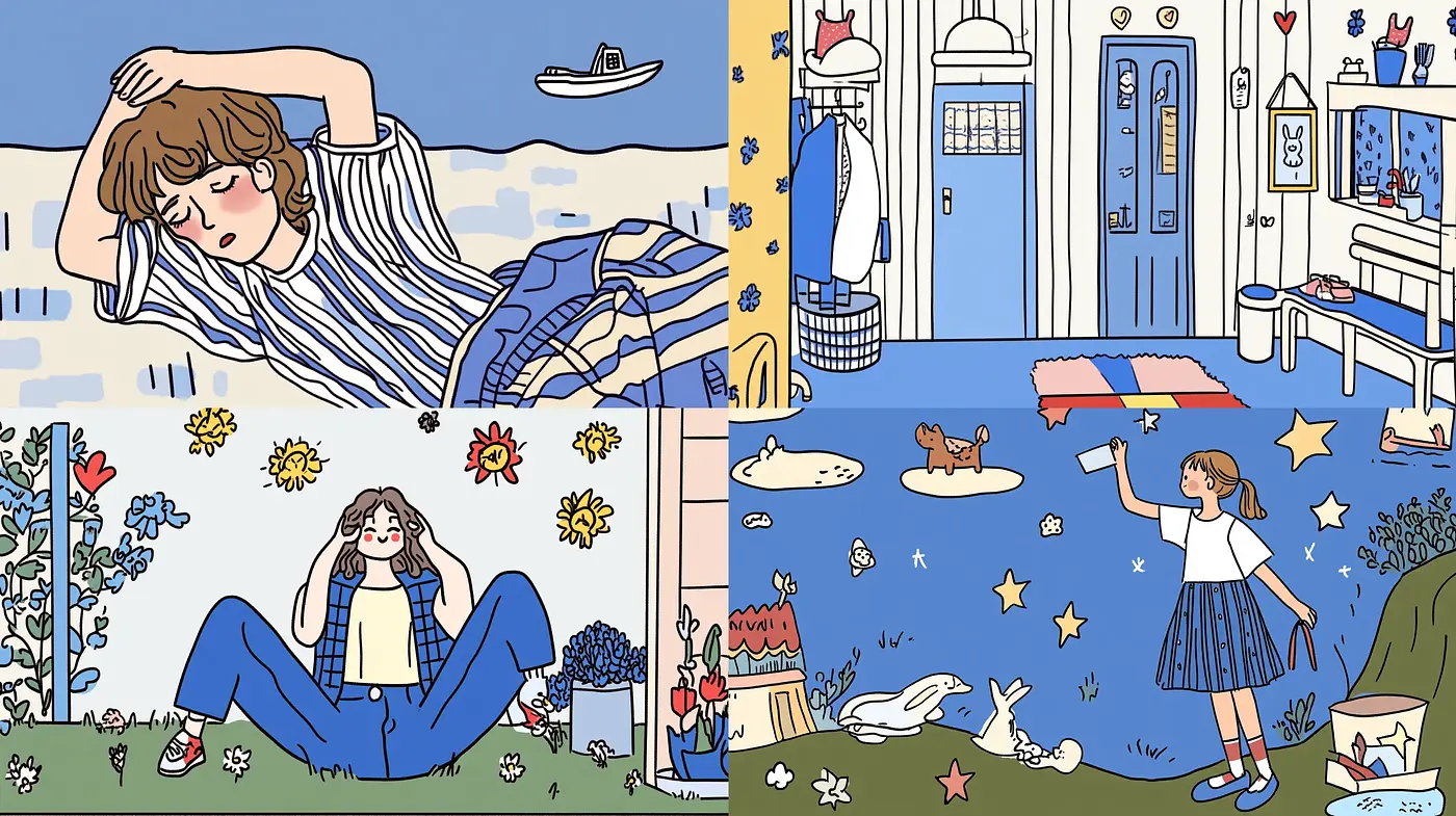Serene Storybook Illustrations with Consistent Linear Artistry and Pastel Tones - Midjourney sref style