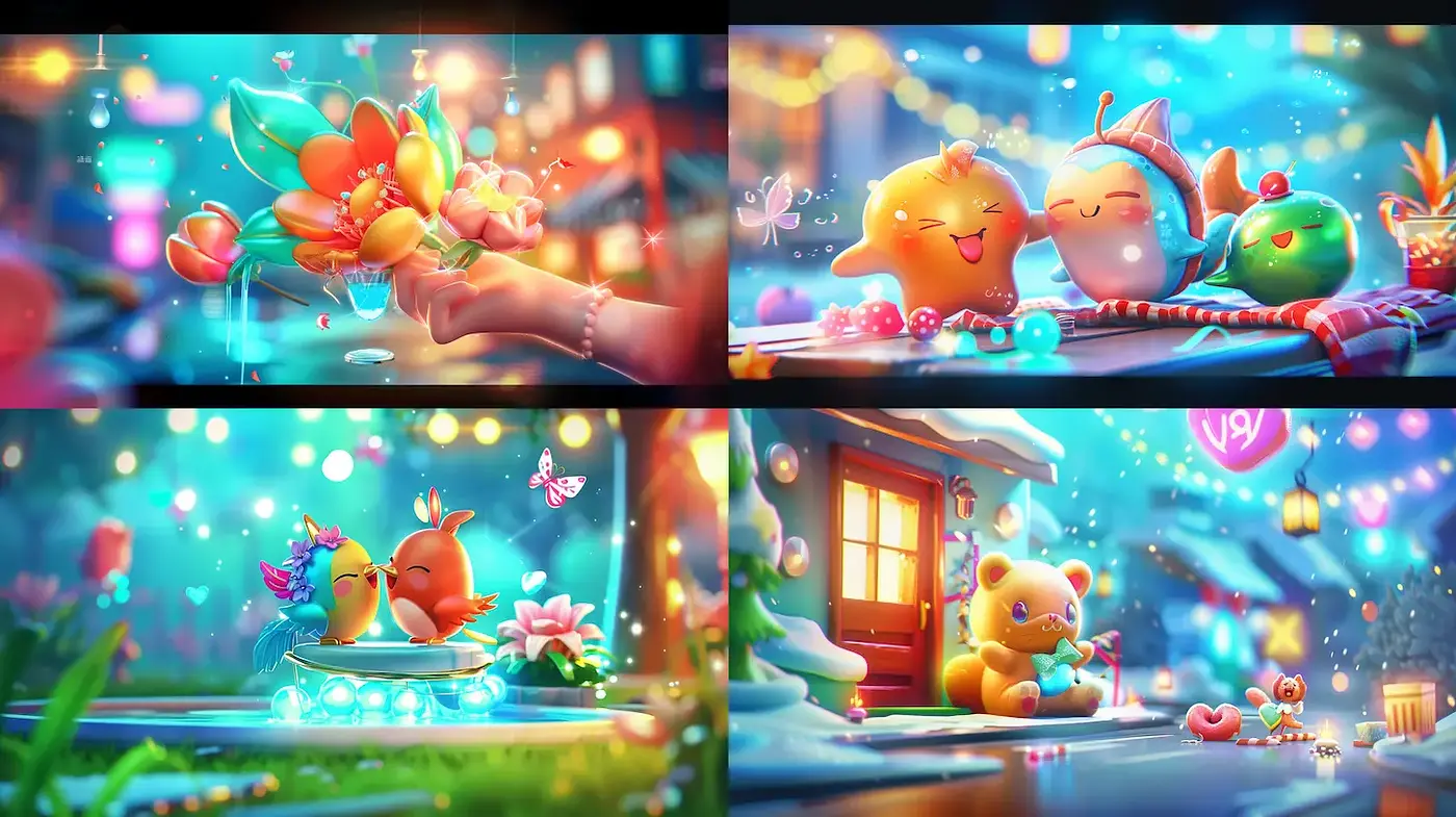 Cheerful and whimsical scene with vibrant colors and playful characters - Midjourney sref style