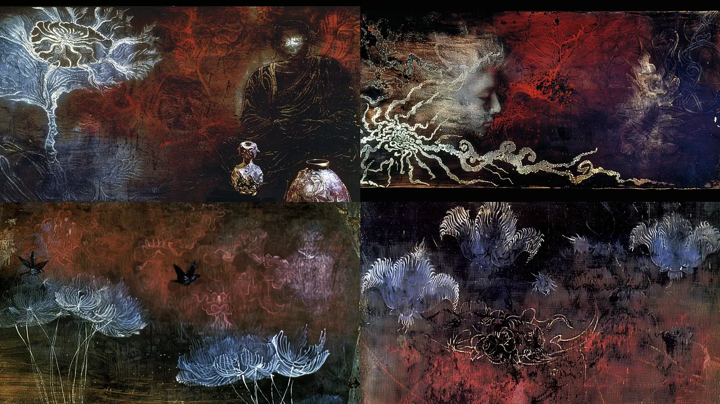 Ethereal Nocturne: A Synthesis of Dark Mystique and Haunting Beauty in Visual Artistry - Midjourney sref style