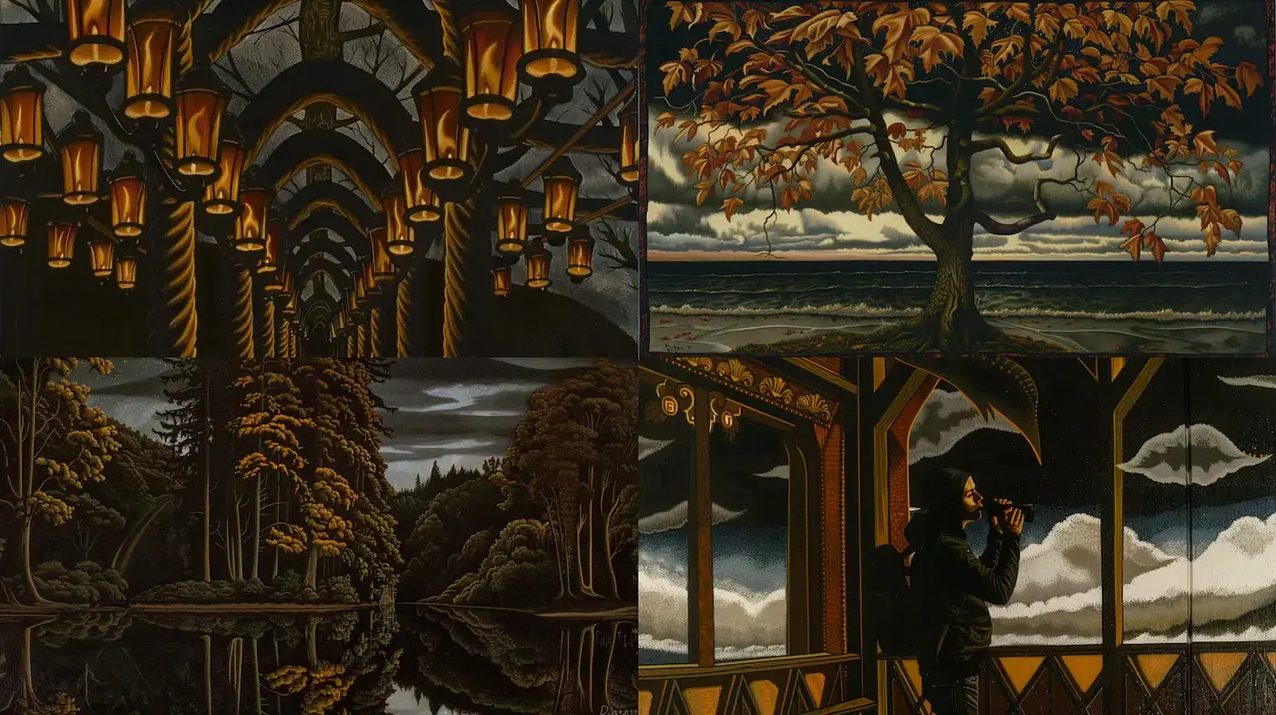 Mysterious and Atmospheric Art Style with Rich Textures and Deep Tones - Midjourney sref style