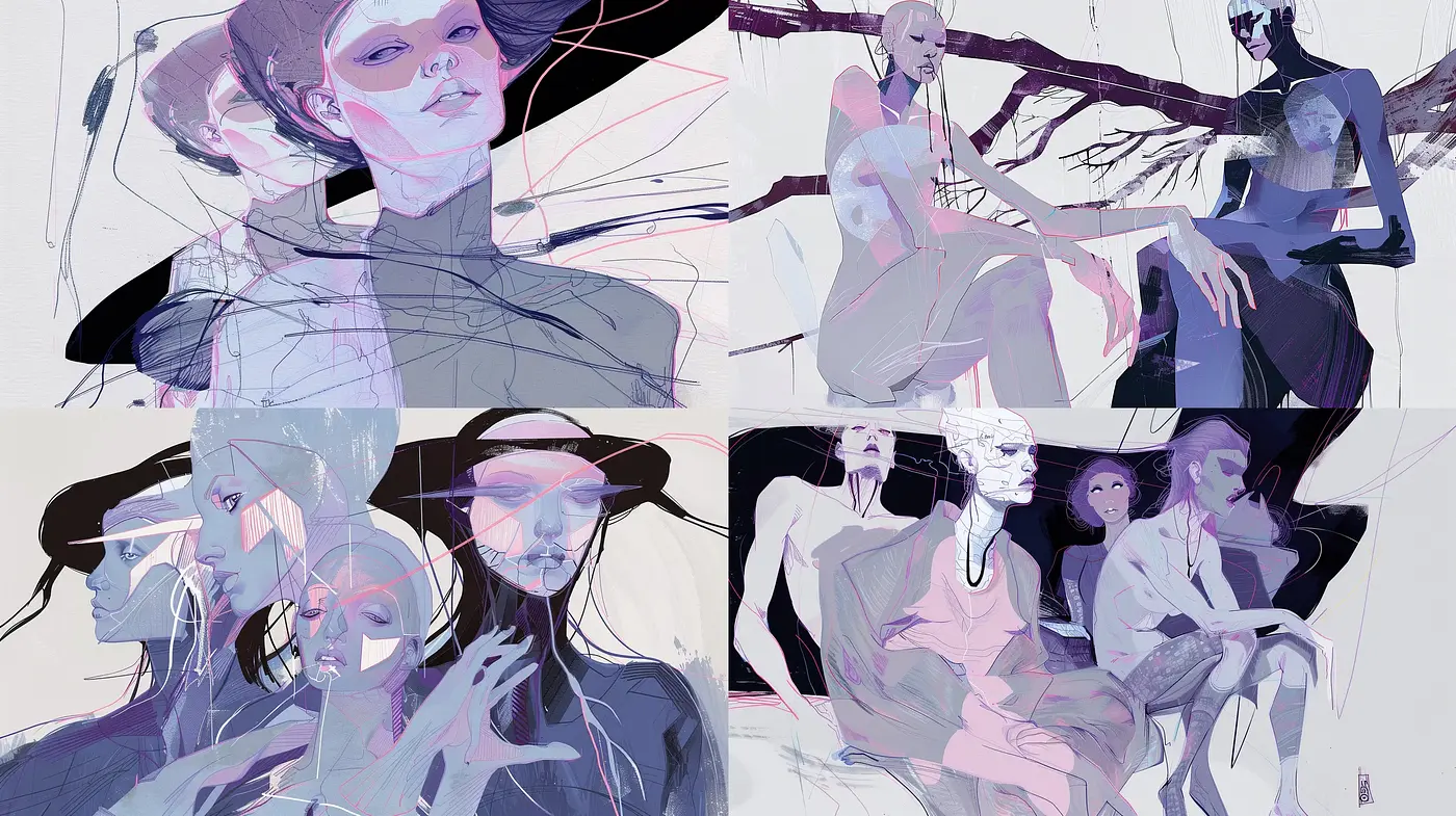 Ethereal Figurative Harmony in Muted Lavender Hues - Midjourney sref style
