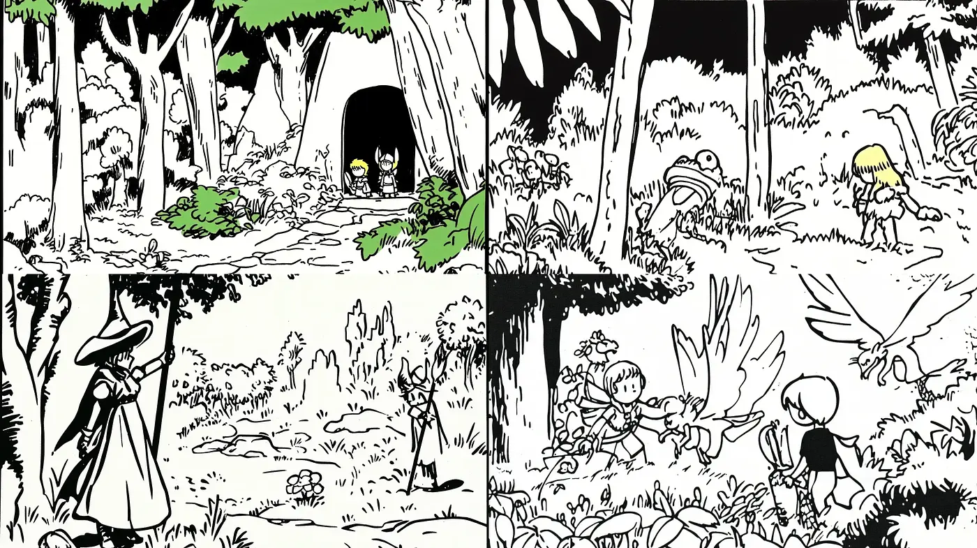 Monochromatic Forest Whimsy: An Inked Fairy Tale Exploration - Midjourney sref style