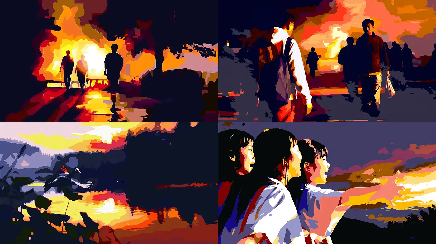 Sundown Silhouettes with a Stylized Painterly Expression - Midjourney sref style