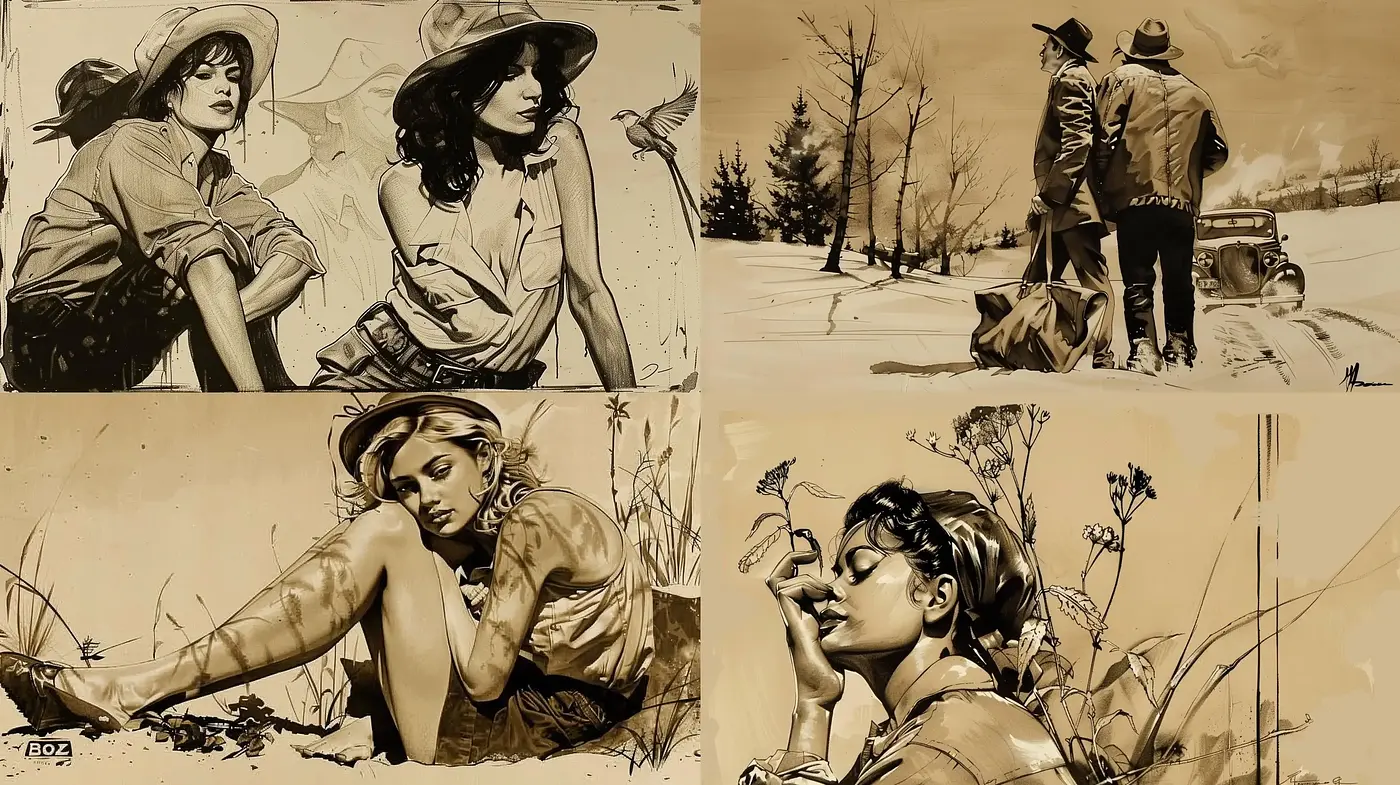 Sepia-Toned Illustrative Nostalgia - Midjourney sref style