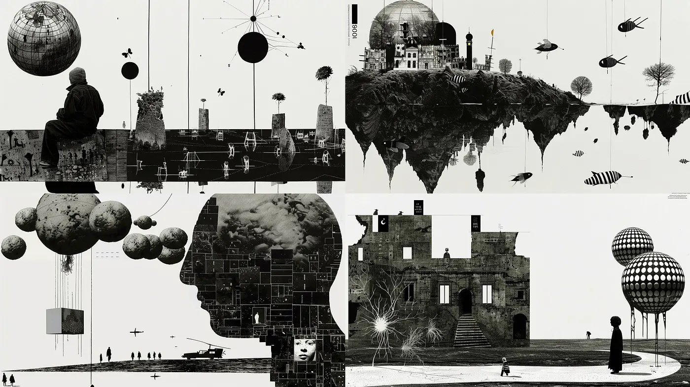 Surreal Monochromatic Dreamscapes: A Homage to Black and White Surrealism - Midjourney sref style