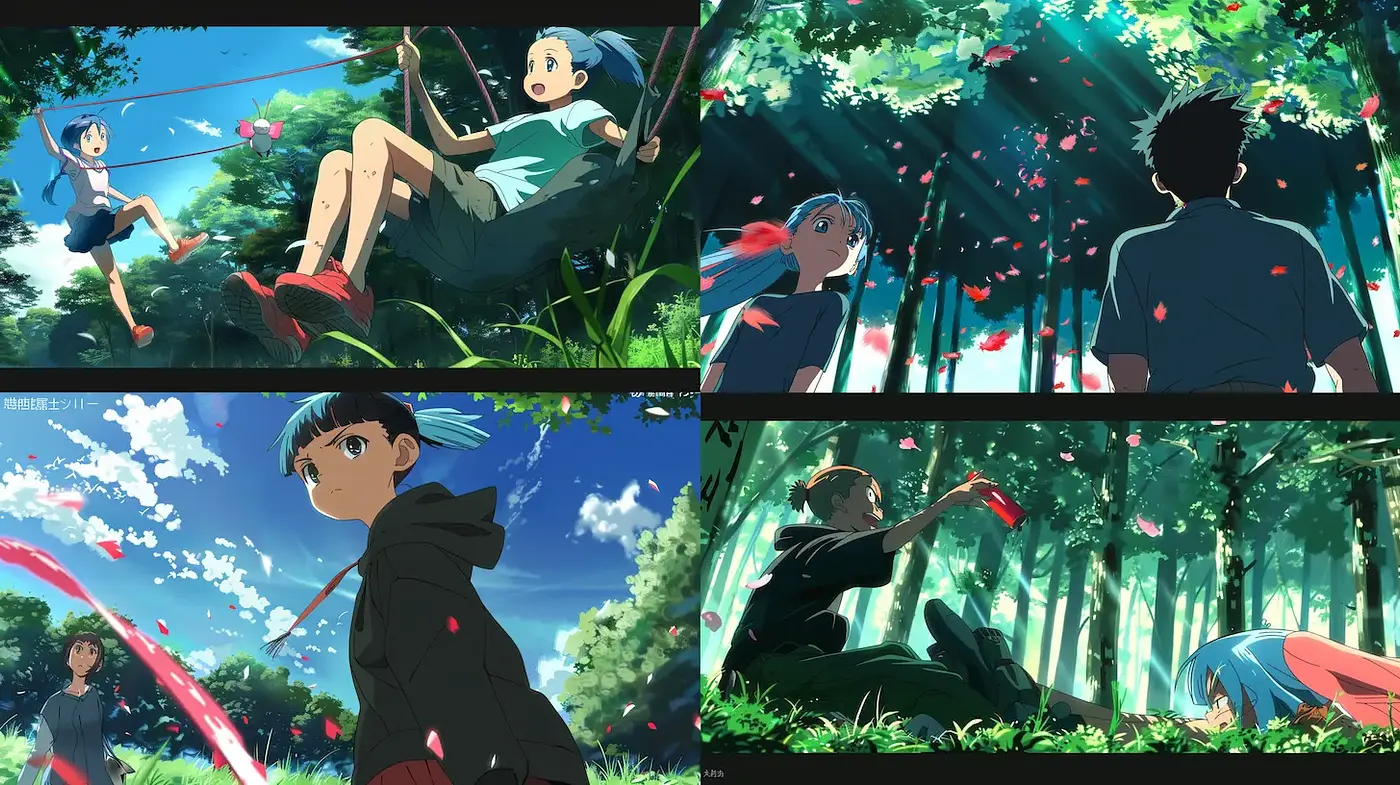 Whimsical and Energetic Anime Aesthetic with Lush Natural Elements - Midjourney sref style