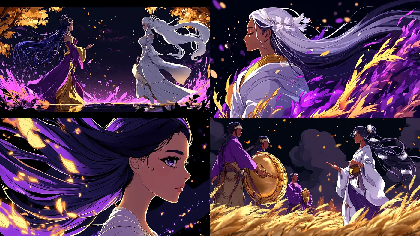 Ethereal Twilight Anime Essence with Dynamic Flowing Elements - Midjourney sref style
