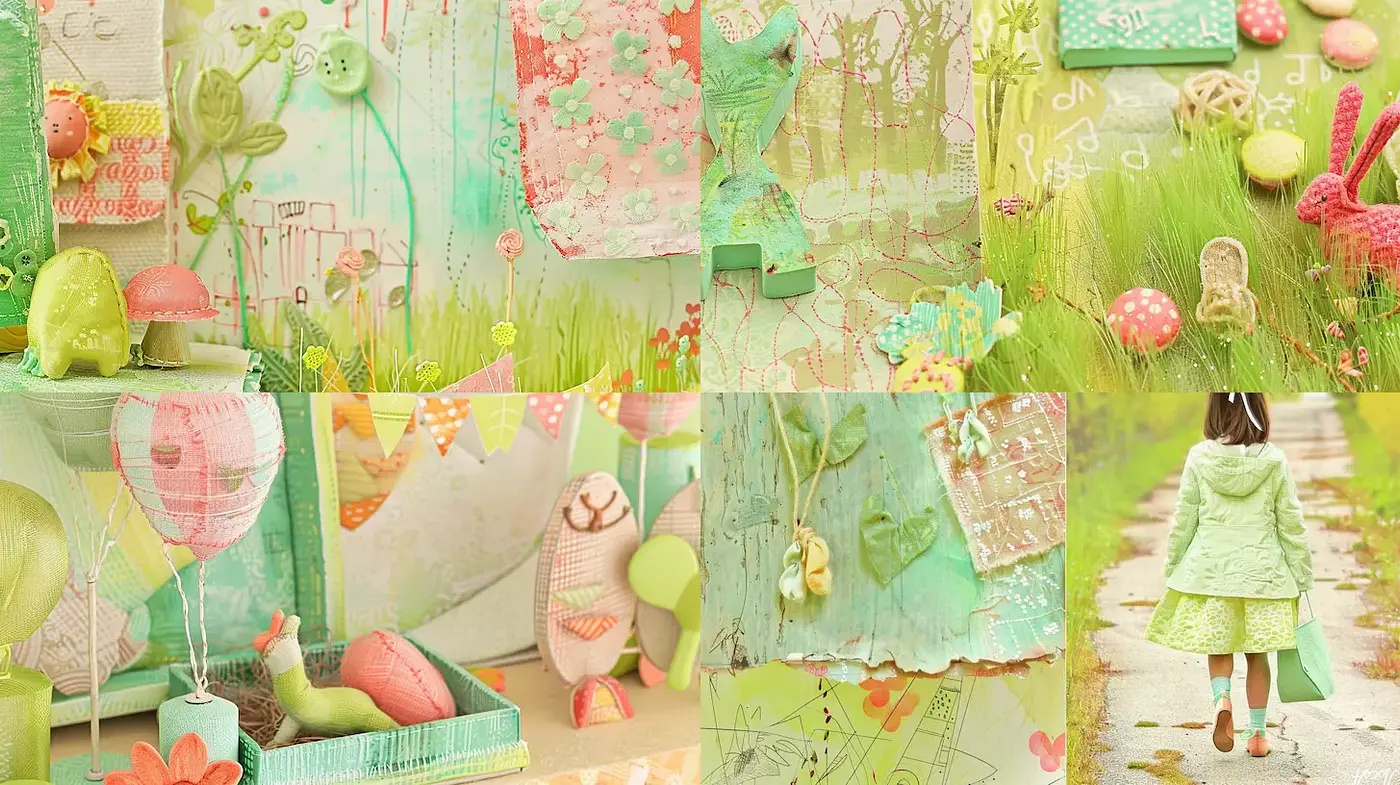 Whimsical Pastoral Aesthetic with a Soft Palette and Textural Elements - Midjourney sref style
