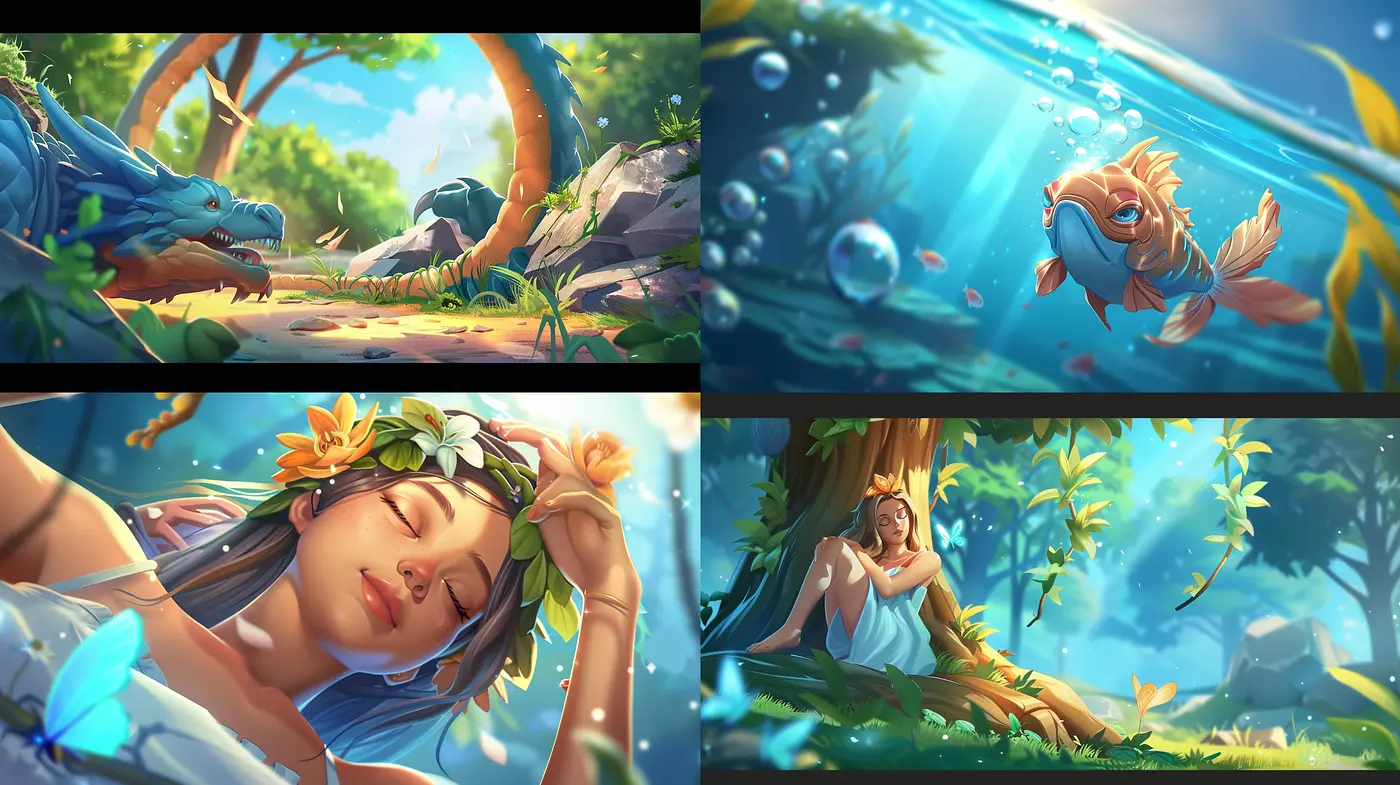 Serene Storybook Illustrations: A Consistent Palette Meets Varied Fantastical Themes - Midjourney sref style