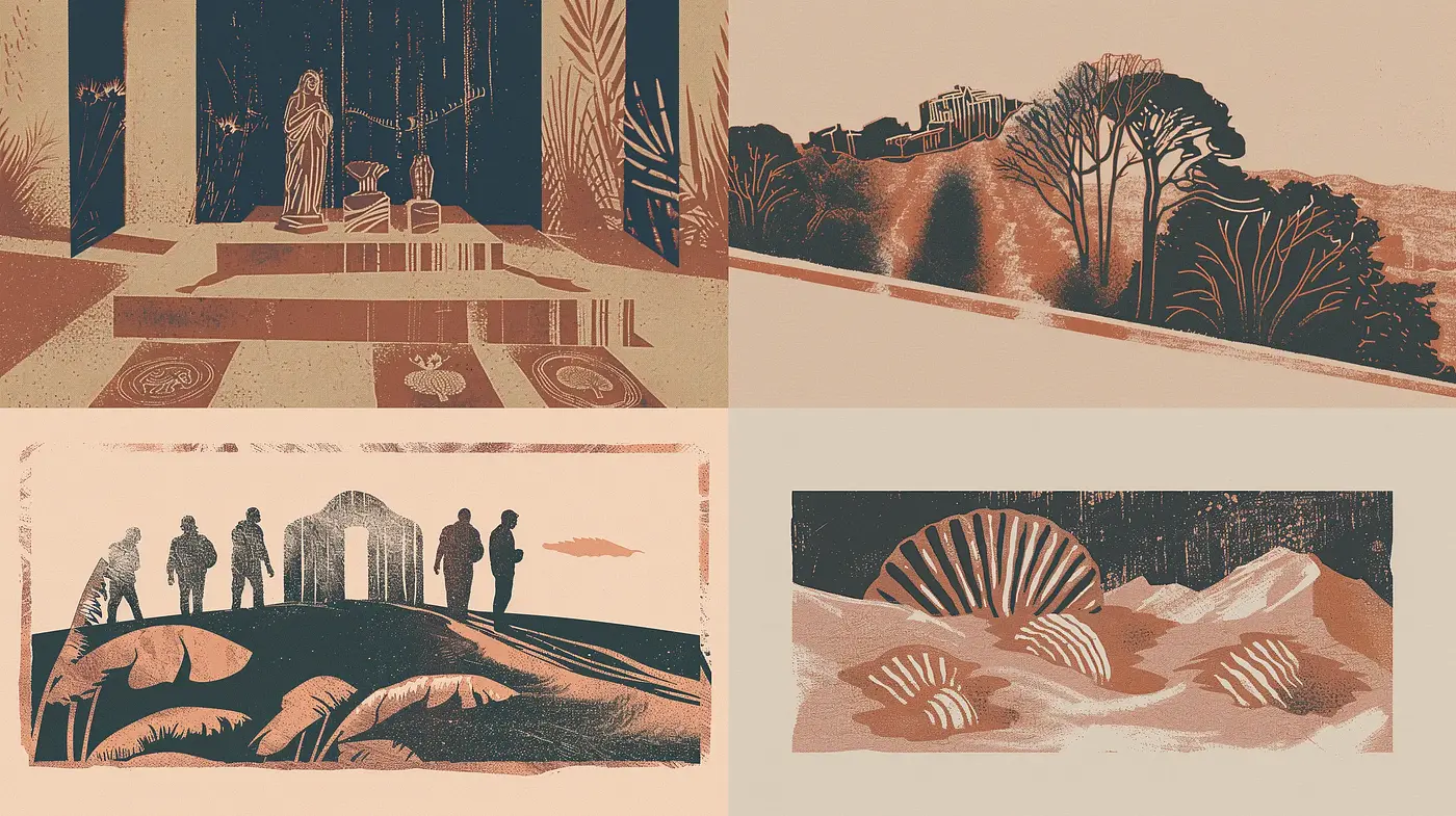 Retro Stylized Landscapes with Warm Tonal Harmony - Midjourney sref style