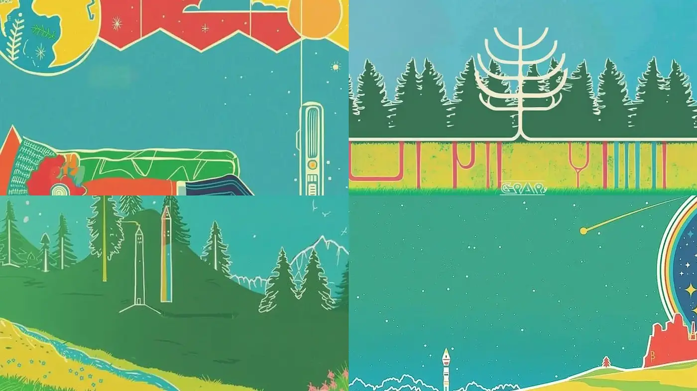 Vividly Stylized Retro Illustrations with a Whimsical Nature Theme - Midjourney sref style