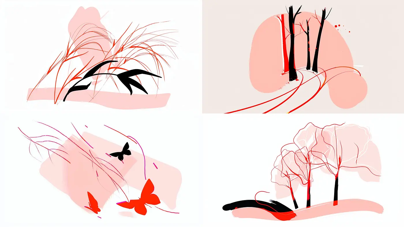 Abstracted Nature in Minimalist Coral and Black Harmony - Midjourney sref style