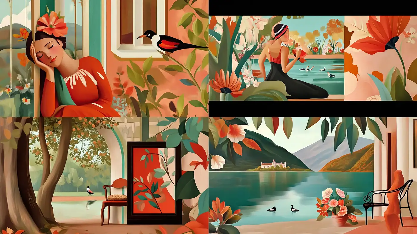 Serene Elegance in Nature-Inspired Modernist Tableaus - Midjourney sref style