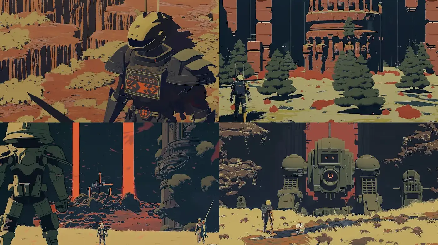 Futuristic and retro-inspired sci-fi landscapes with a distinctive stylized aesthetic - Midjourney sref style