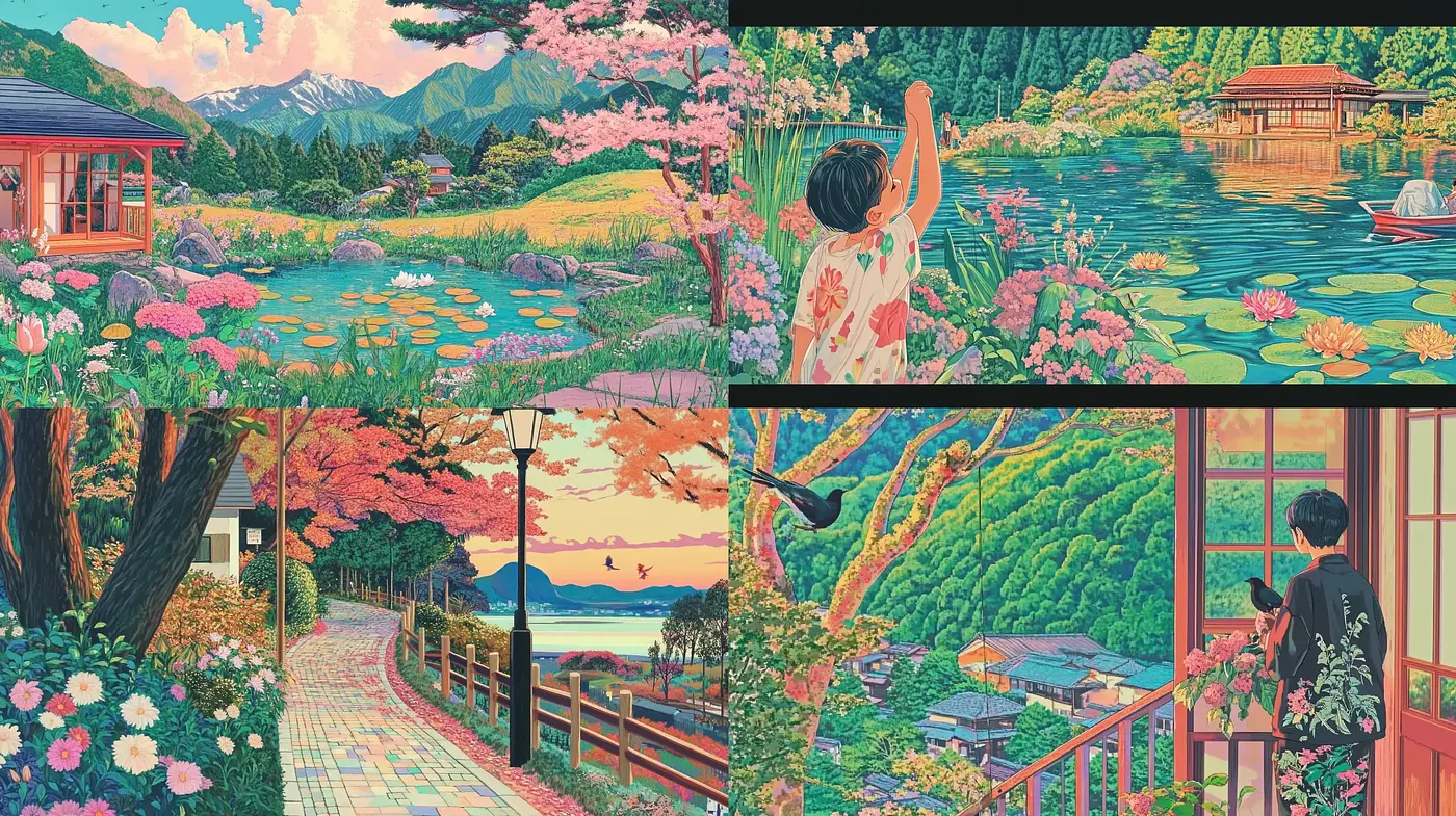 Idyllic Pastoral Panoramas with Lush Color Schemes - Midjourney sref style