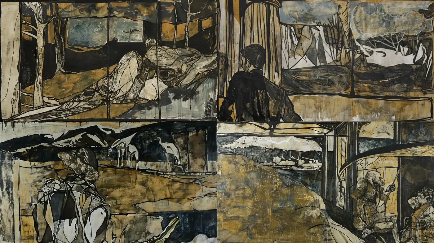 Sepia-Soaked Narrative Collage with Graphic Novel Undertones - Midjourney sref style