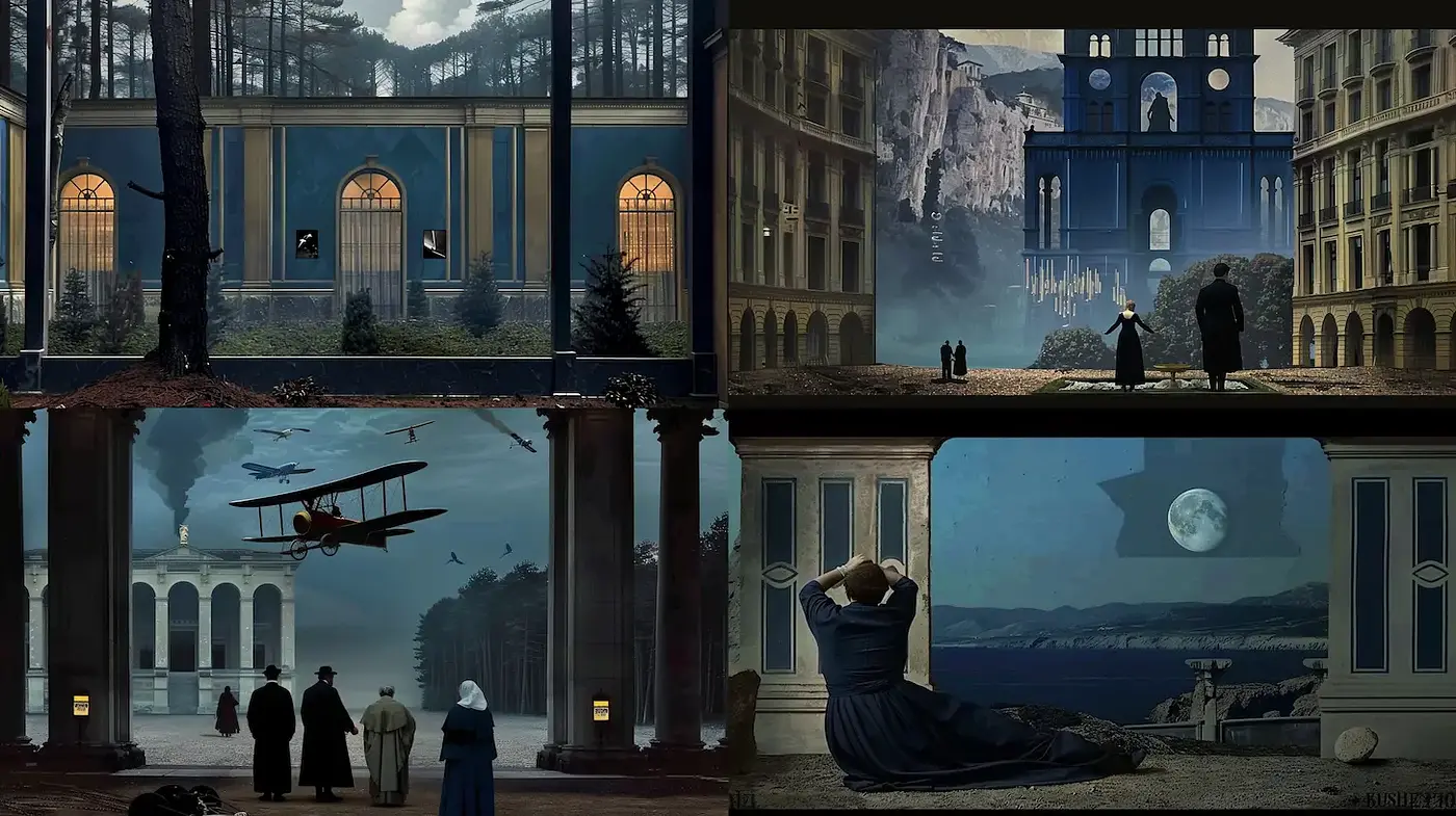 Cinematic and Surreal Architectural Landscapes with Emotional Depth - Midjourney sref style