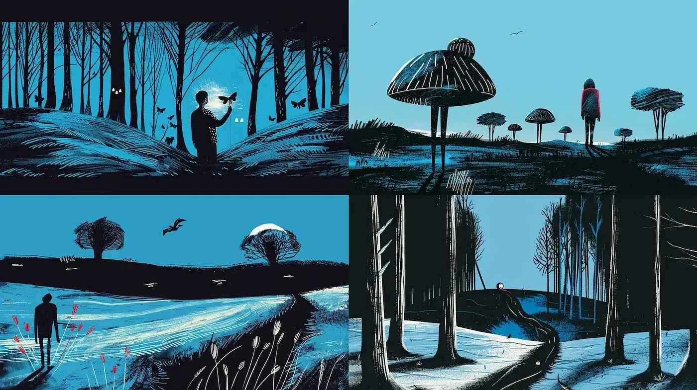Blue-toned Illustrations with a Dreamlike, Nature-inspired Aesthetic - Midjourney sref style