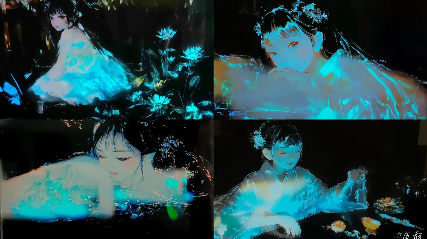 Ethereal Nocturne: Enigmatic Glow of Luminous Figures in a Dark Dreamscape - Midjourney sref style