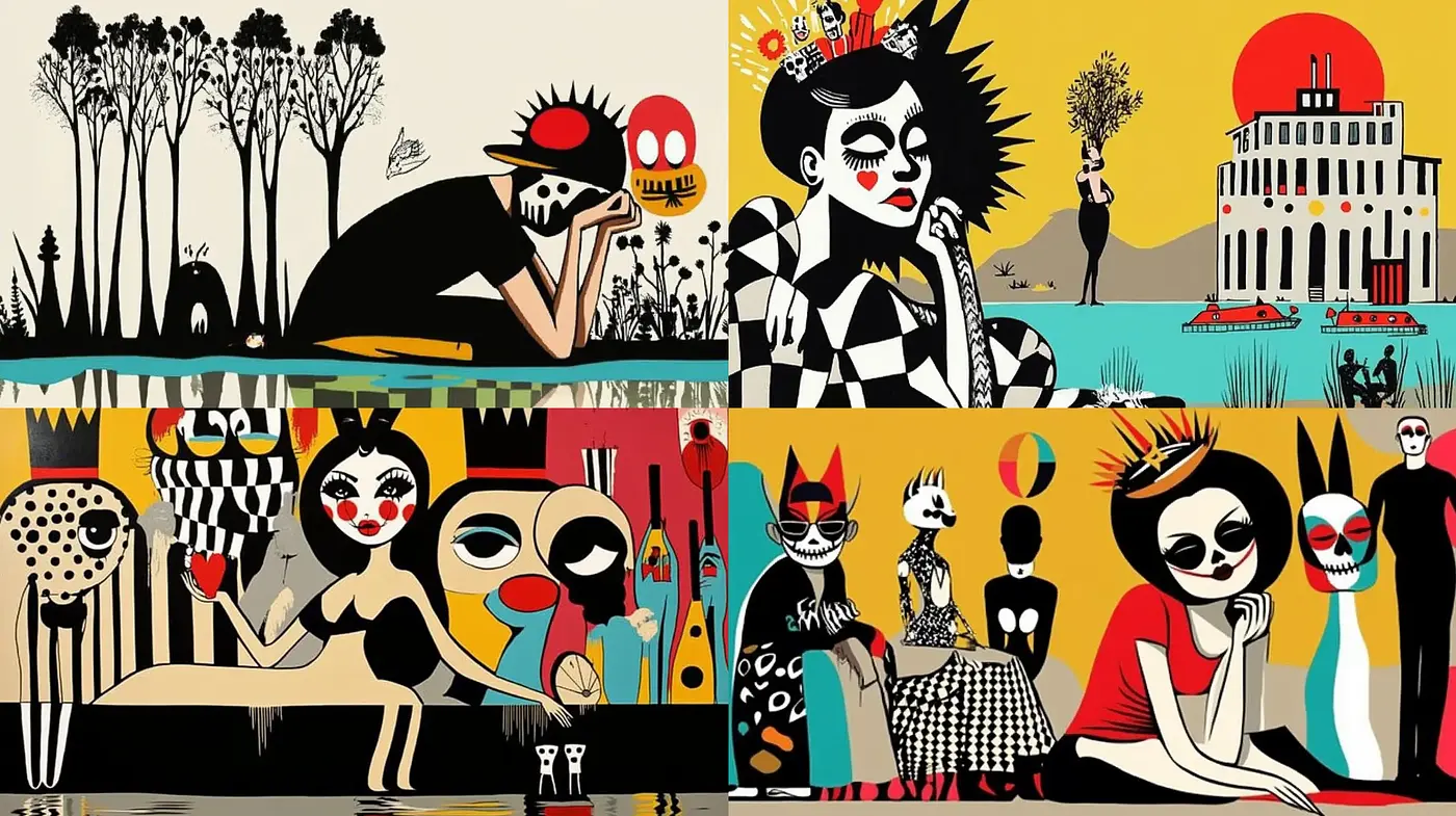 Mock Surrealism with Bold Contrast and Stylized Figures - Midjourney sref style