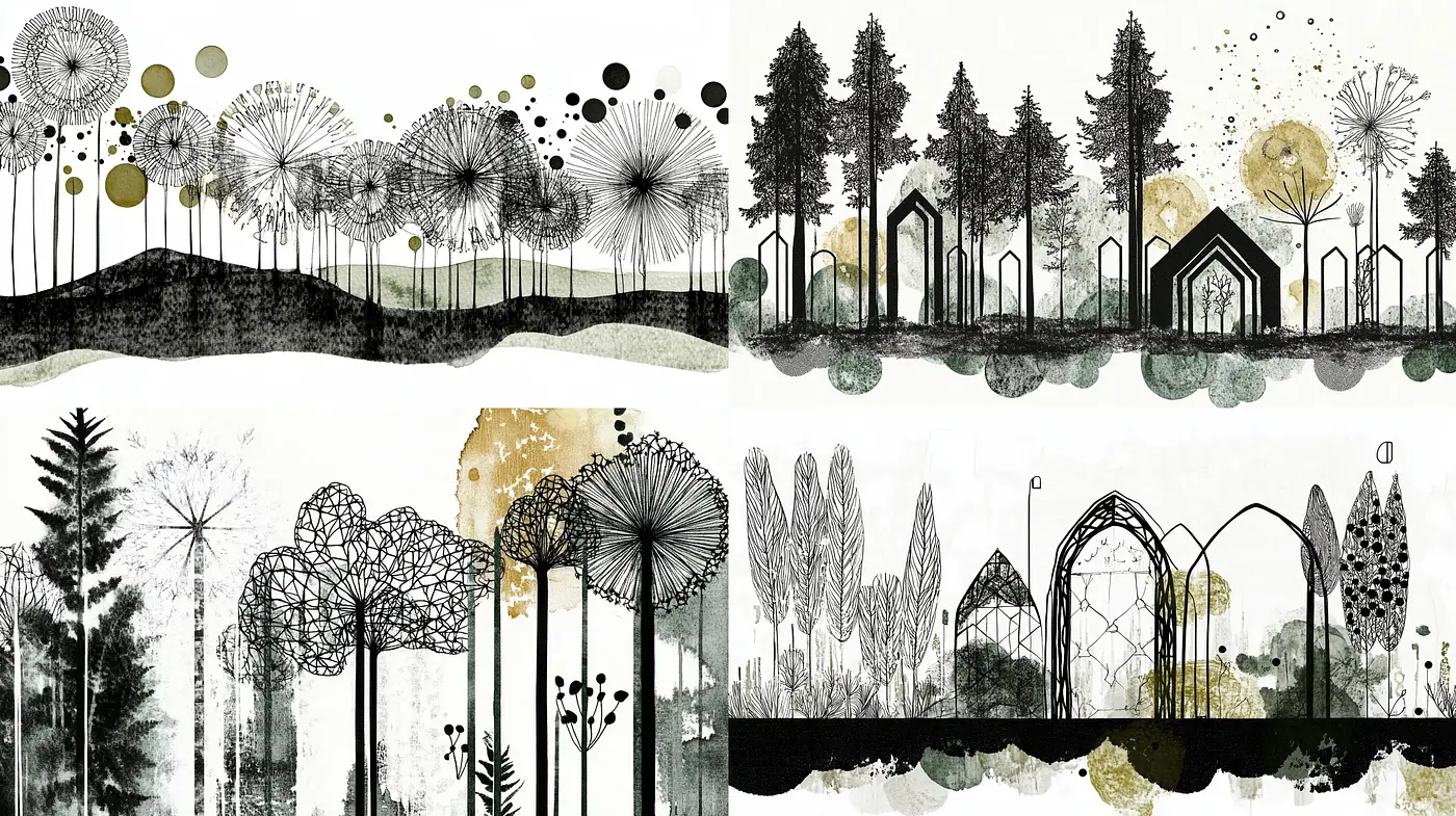 Monochromatic Botanical Silhouettes with Golden Accents - Midjourney sref style
