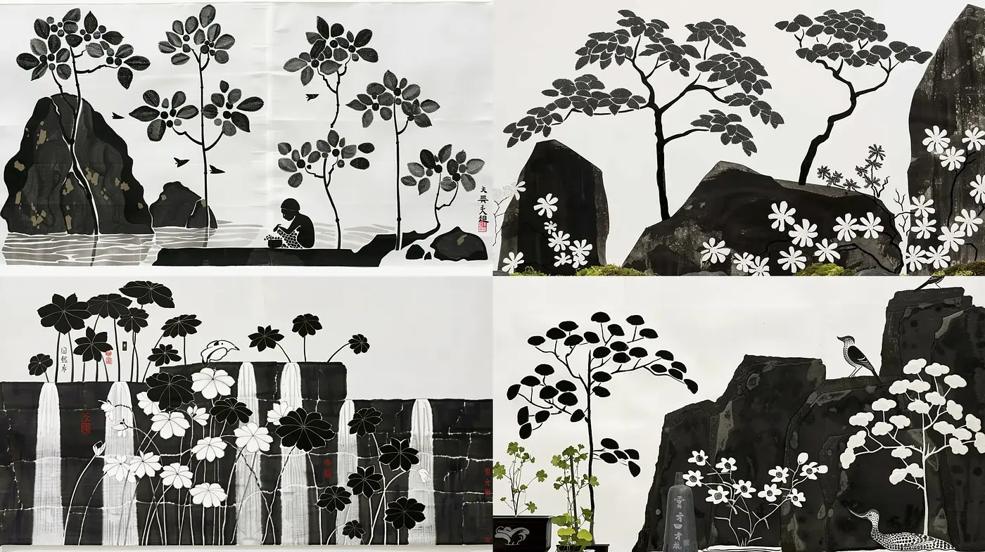 Monochromatic Nature and Serenity Scene with Stylized Botanical Elements - Midjourney sref style