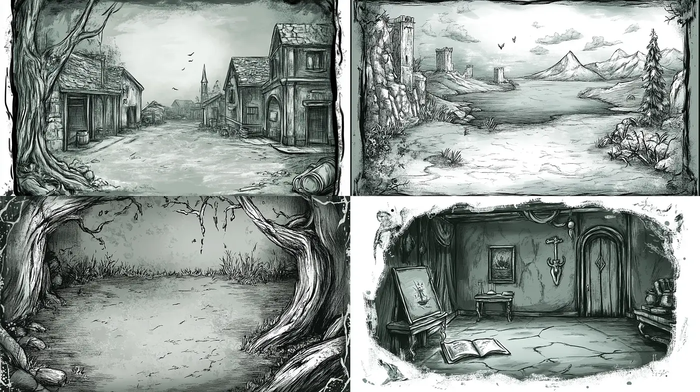 Monochromatic Visions of Timeworn Realms - Midjourney sref style