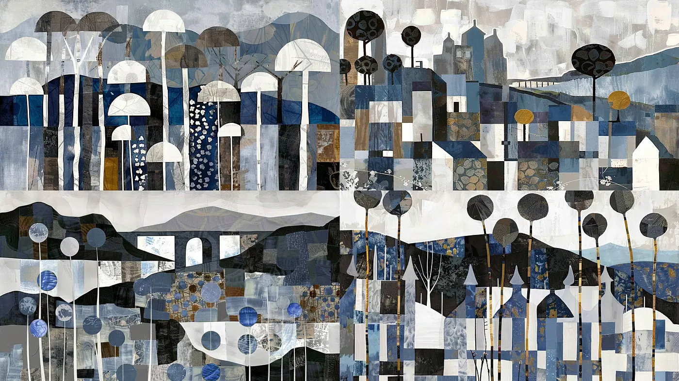 Moody Textural Collage of Stylized Urban Scenery - Midjourney sref style