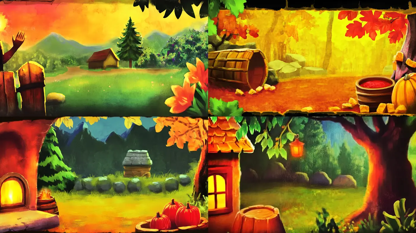 Enchanted Autumn Countryside: A Whimsical Warm Palette Landscape - Midjourney sref style