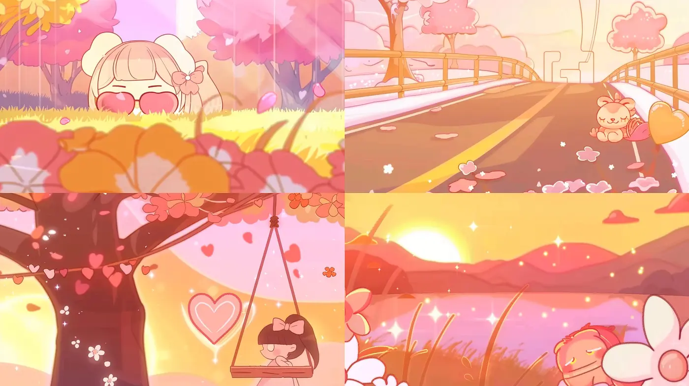 Warm Pastel Dreamscape: A Harmonious Blend of Anime-inspired Whimsy and Sunset Hues - Midjourney sref style