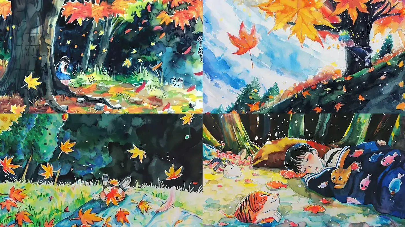 Luminous Autumn Watercolors with Dreamlike Scenes - Midjourney sref style