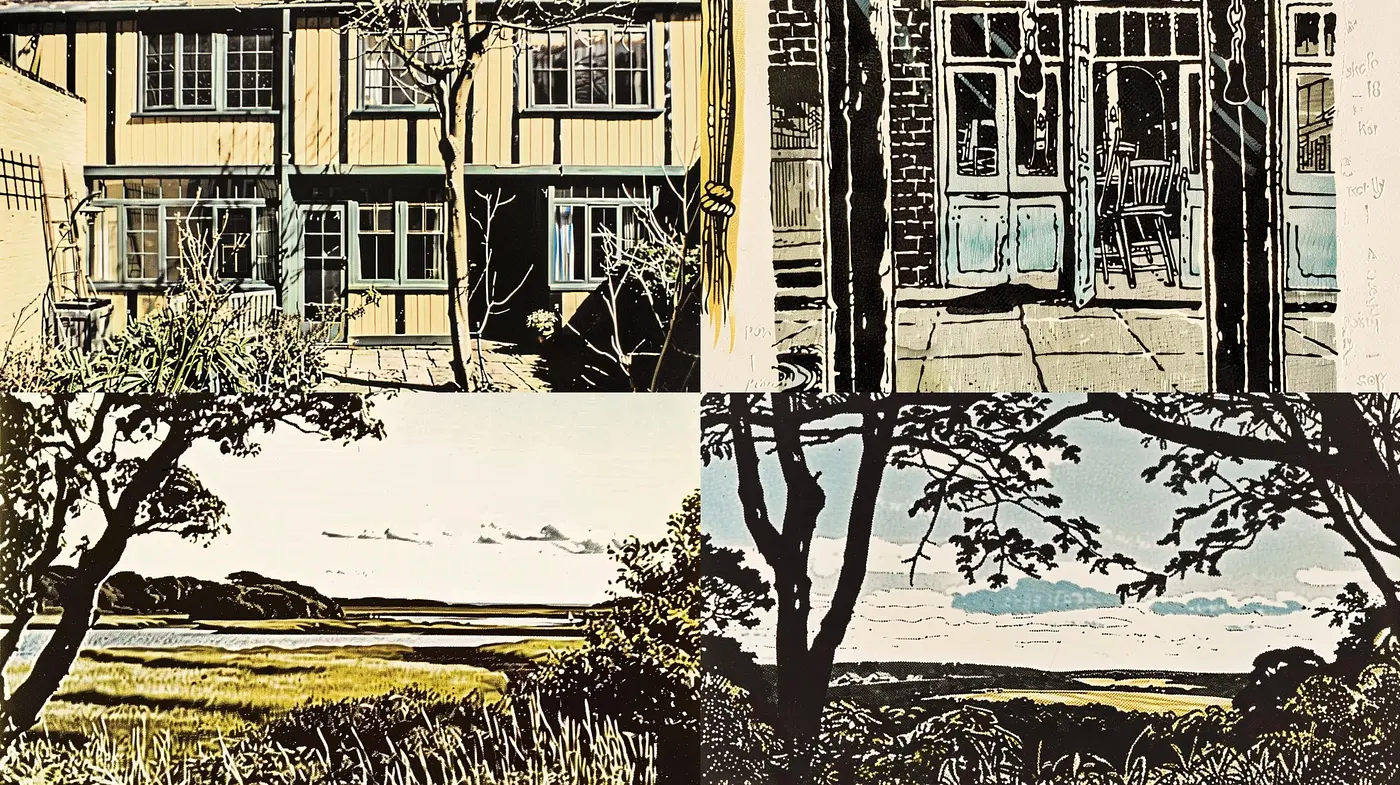 Sepia-toned Vintage Linocut Landscape Impressions - Midjourney sref style