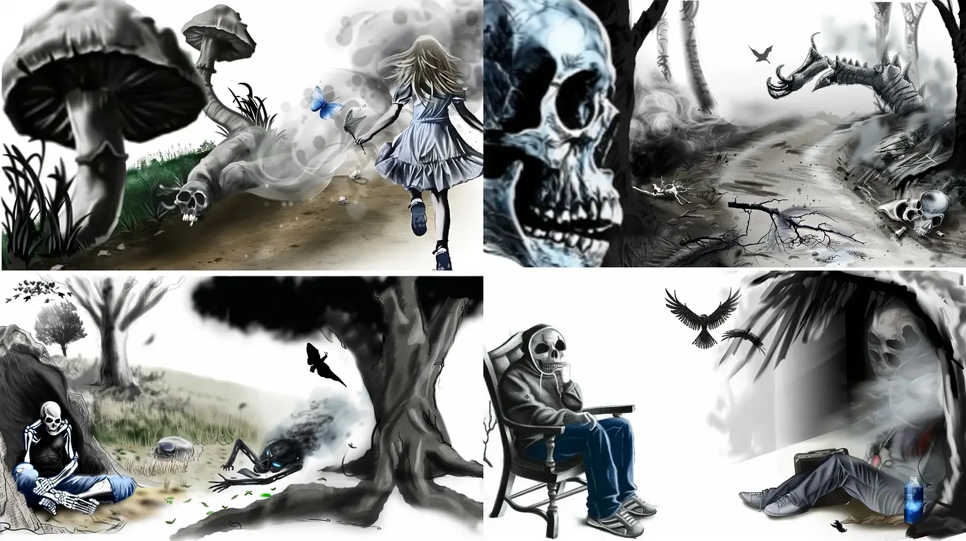 Grim Elegy of Monochromatic Fantasy: A Glimpse into Dark Whimsy - Midjourney sref style