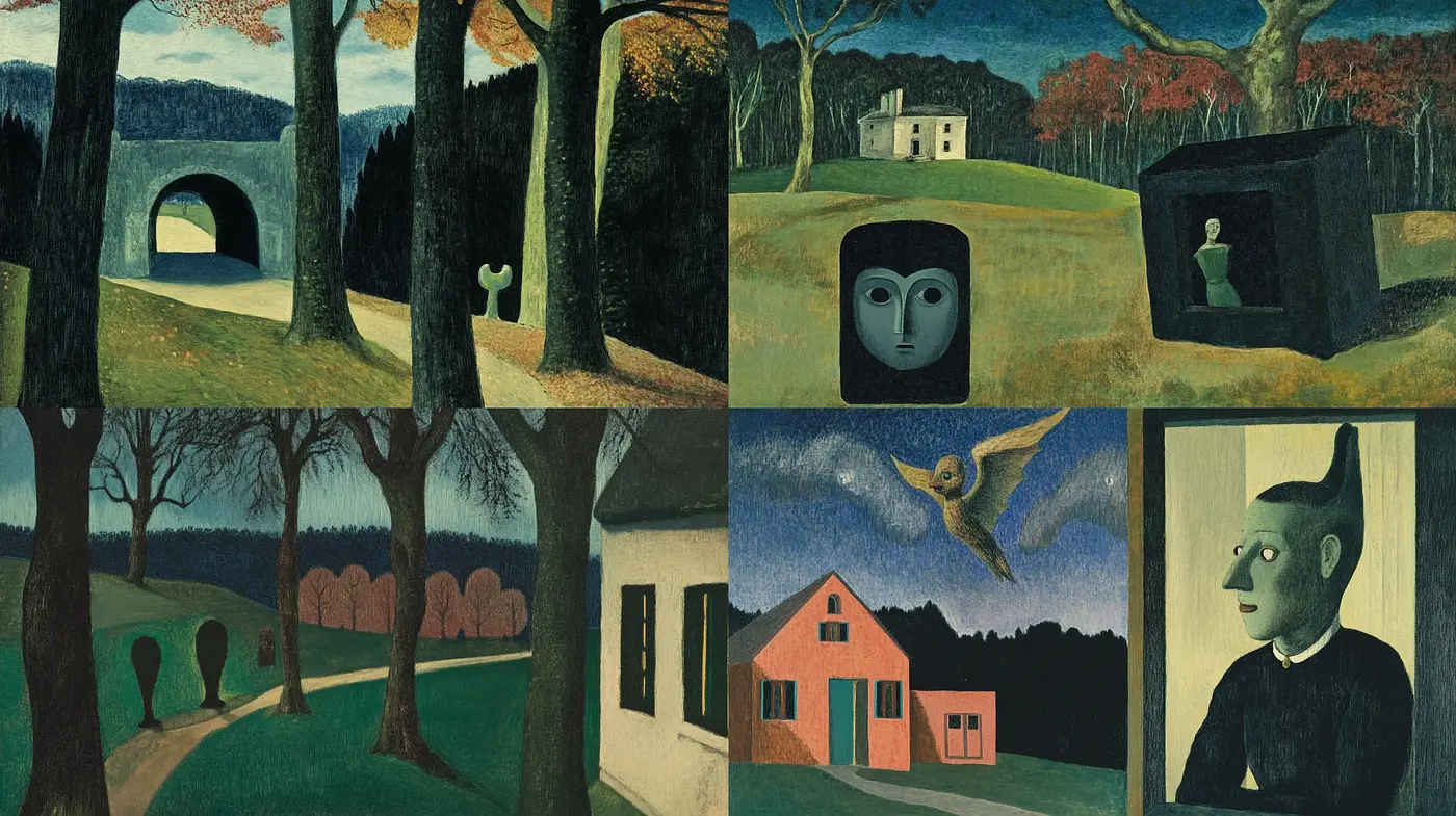 Surrealist Pastoral Visions with a Hint of Grant Wood Influence - Midjourney sref style