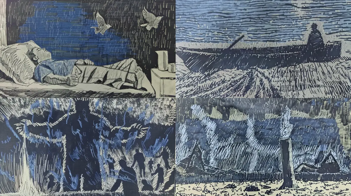 Post-impressionist Textural Vigor in Monochromatic Palette - Midjourney sref style