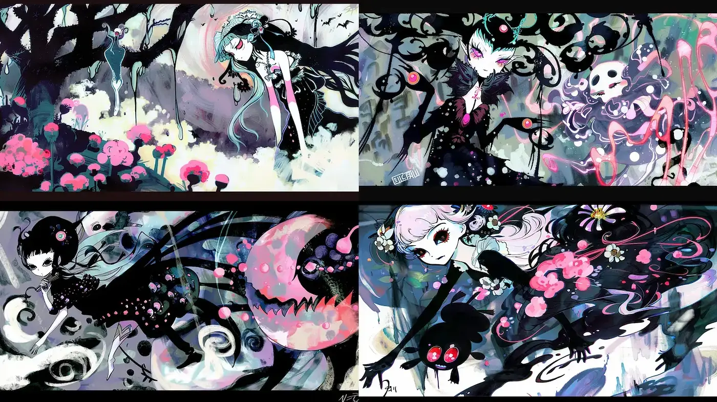 Ethereal and whimsical dark fantasy illustrations with a playful yet haunting quality - Midjourney sref style