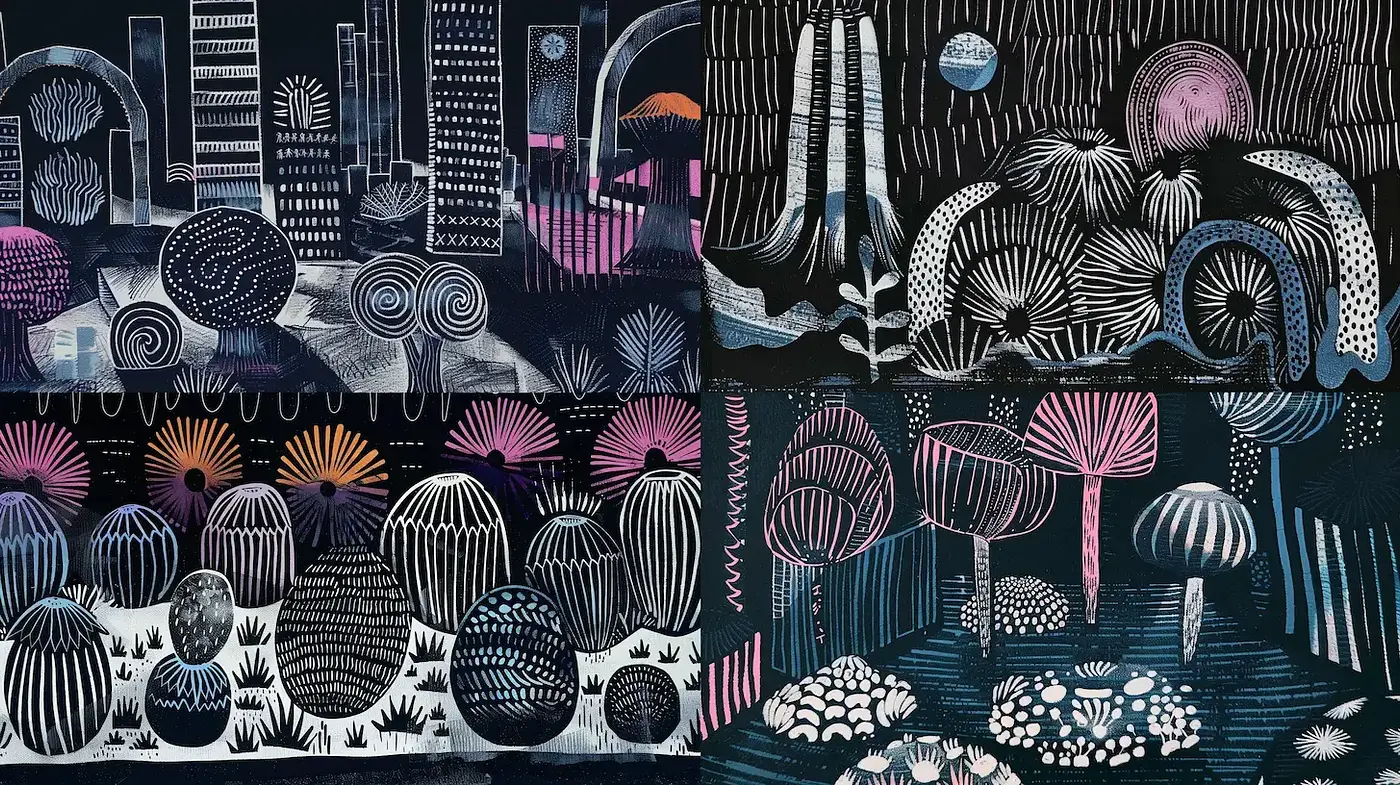Whimsical and Abstract Botanical Landscapes with a Playful Mood - Midjourney sref style