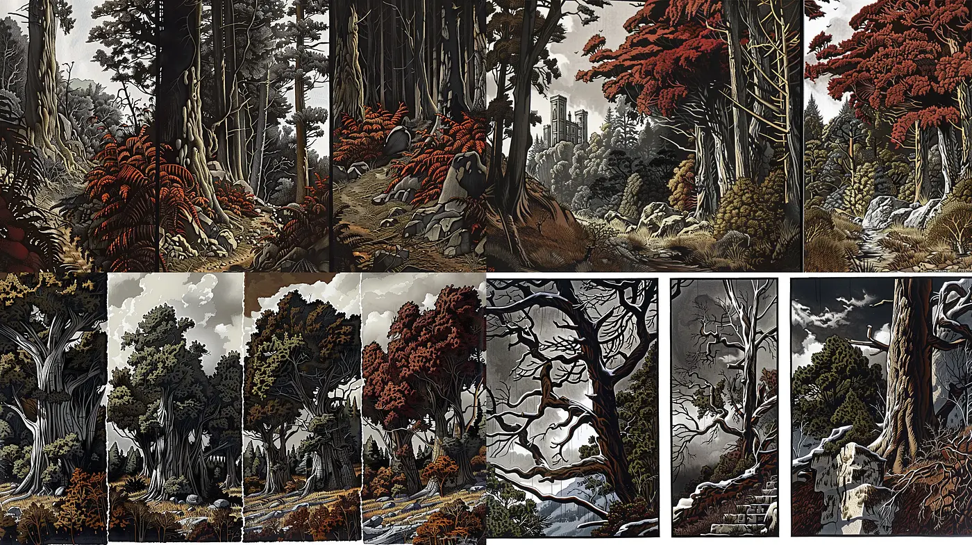 Consistent Evolution of a Woodland Realm: An Exploration in Stylized Nature - Midjourney sref style