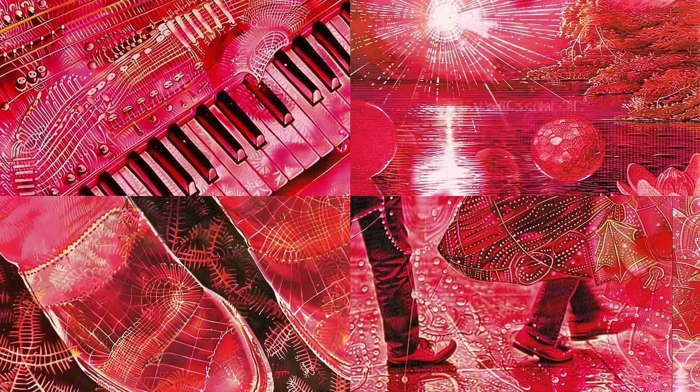 Vibrant Red Exploration with Retro-futuristic Textures - Midjourney sref style
