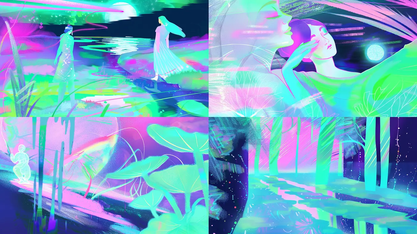 Surreal Neon Dreamscape: A Synthesis of Vivid Hues and Abstract Forms - Midjourney sref style